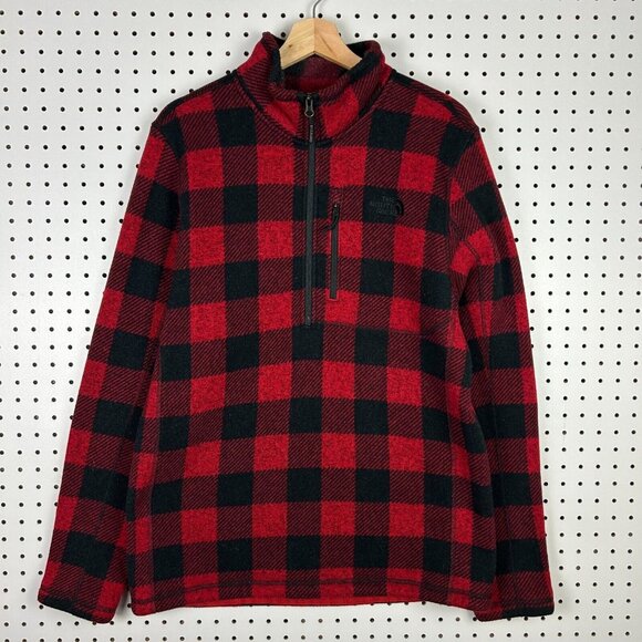 The North Face Quarter Zip Sweater Men's Large Red Black Checkerboard Lumberjack - Picture 1 of 6